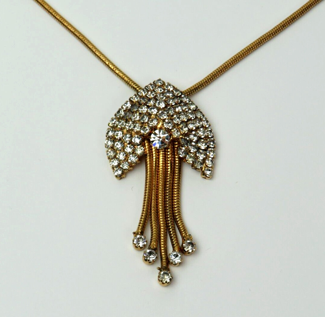 VTG 1930s – 1950s ART DECO GOLDEN CRYSTAL 5 DANGLER PENDANT NECKLACE 22 3/8″