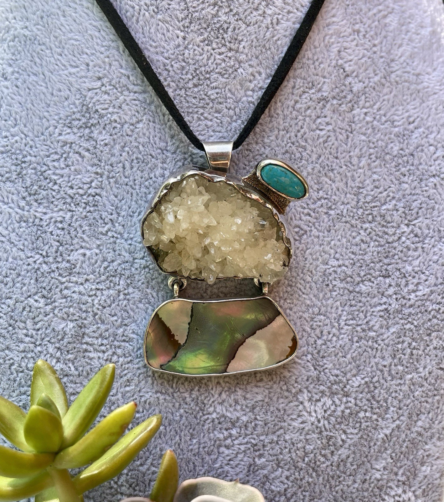 🎥Rock Crystal Rainbow Abalone Turquoise 2″ Pendant Brooch Mex Sterling Silver