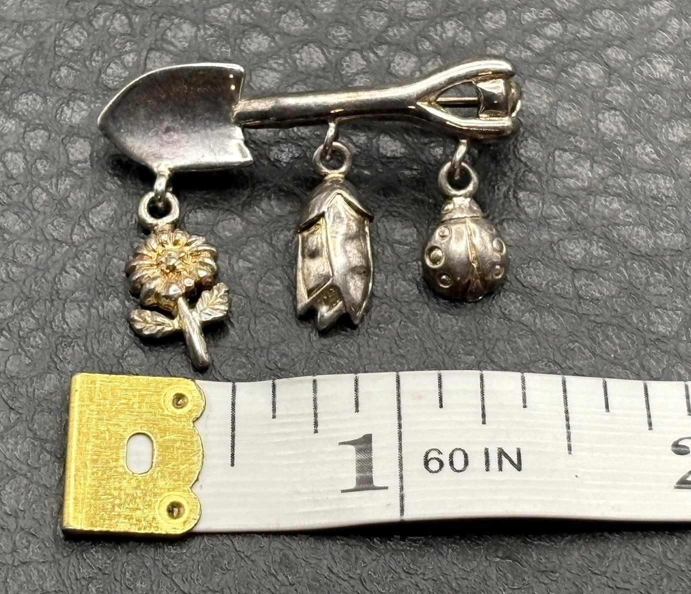 VTG Sterling Silver Garden Tool LADYBUG SHOVEL Sunflower Dangle Charm Brooch