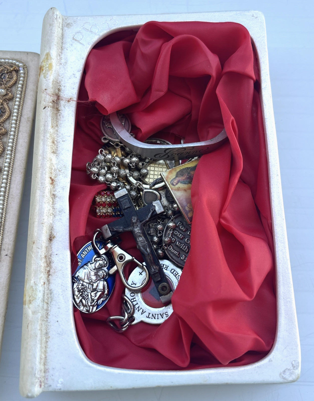 Vintage Jewelry Box Junk Ceramic Lot Christian Catholic Religious Themed Nice