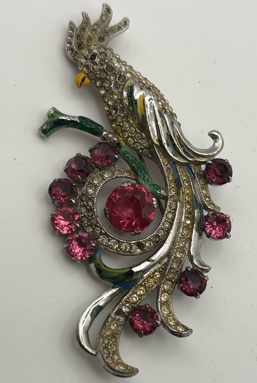 Vntg 3.5” Cockatoo Bird Brooch Pink Rhinestones Enamel Pin Unsigned Coro Read