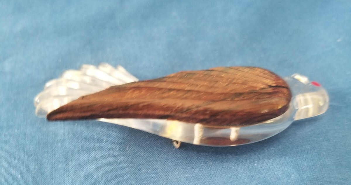 Vintage Lucite And Wood Carved Bird Pin Hawk Eagle 3 1/4″