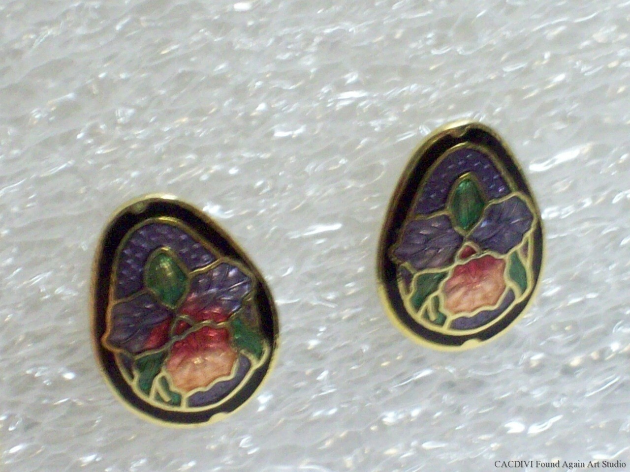 Retro Enamel Orchid Earrings Small Purple Pink Multi Color Cloisonne Flowers Vtg