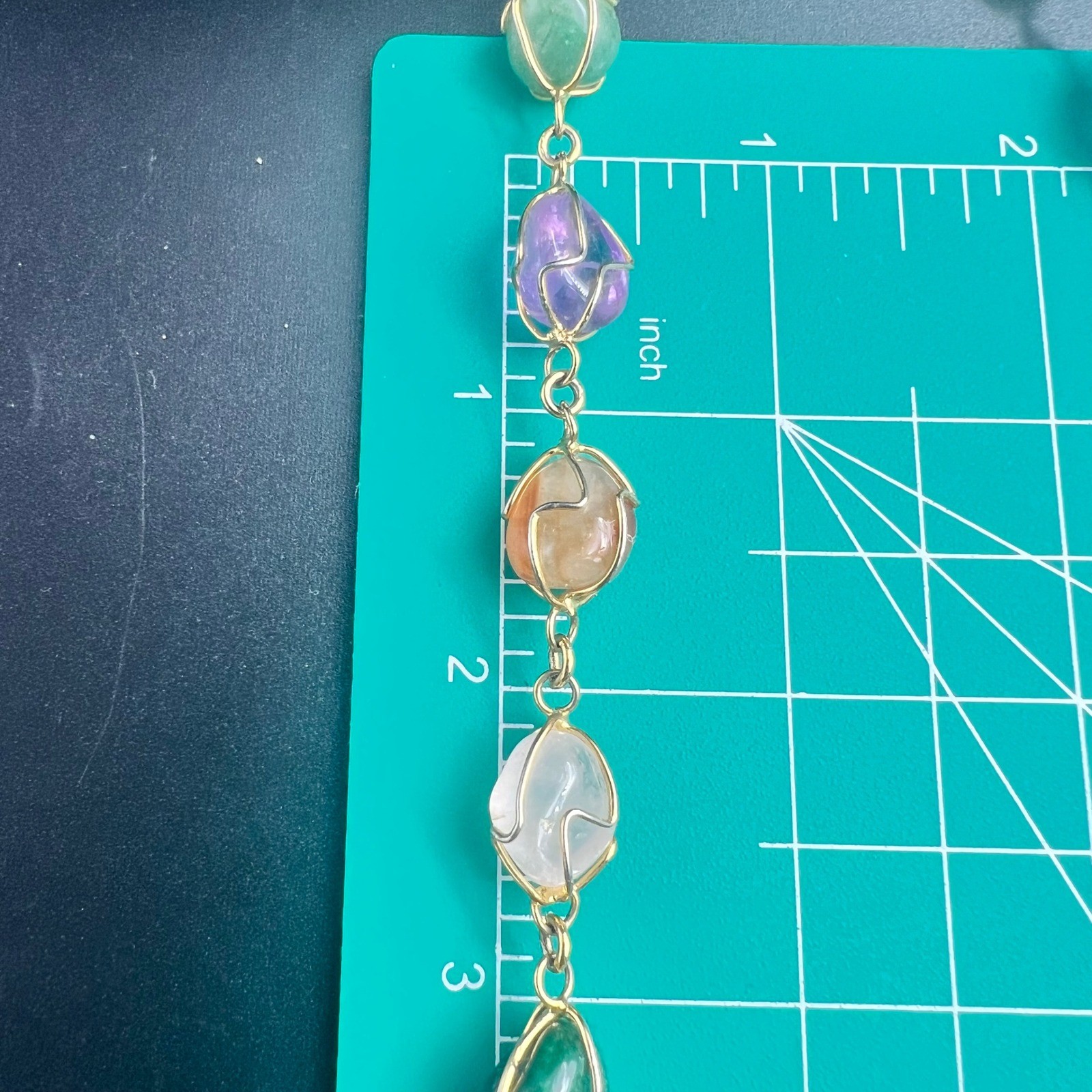 Multi Color Tumbled Stone Wire Wrapped Cage Link Necklace 18″ Vintage 1990s