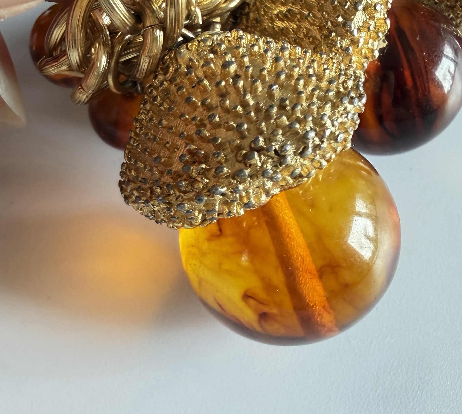Vintage MCM Chunky Acorn Charm Bracelet Oversized Amber Glass Style Lucite Gold