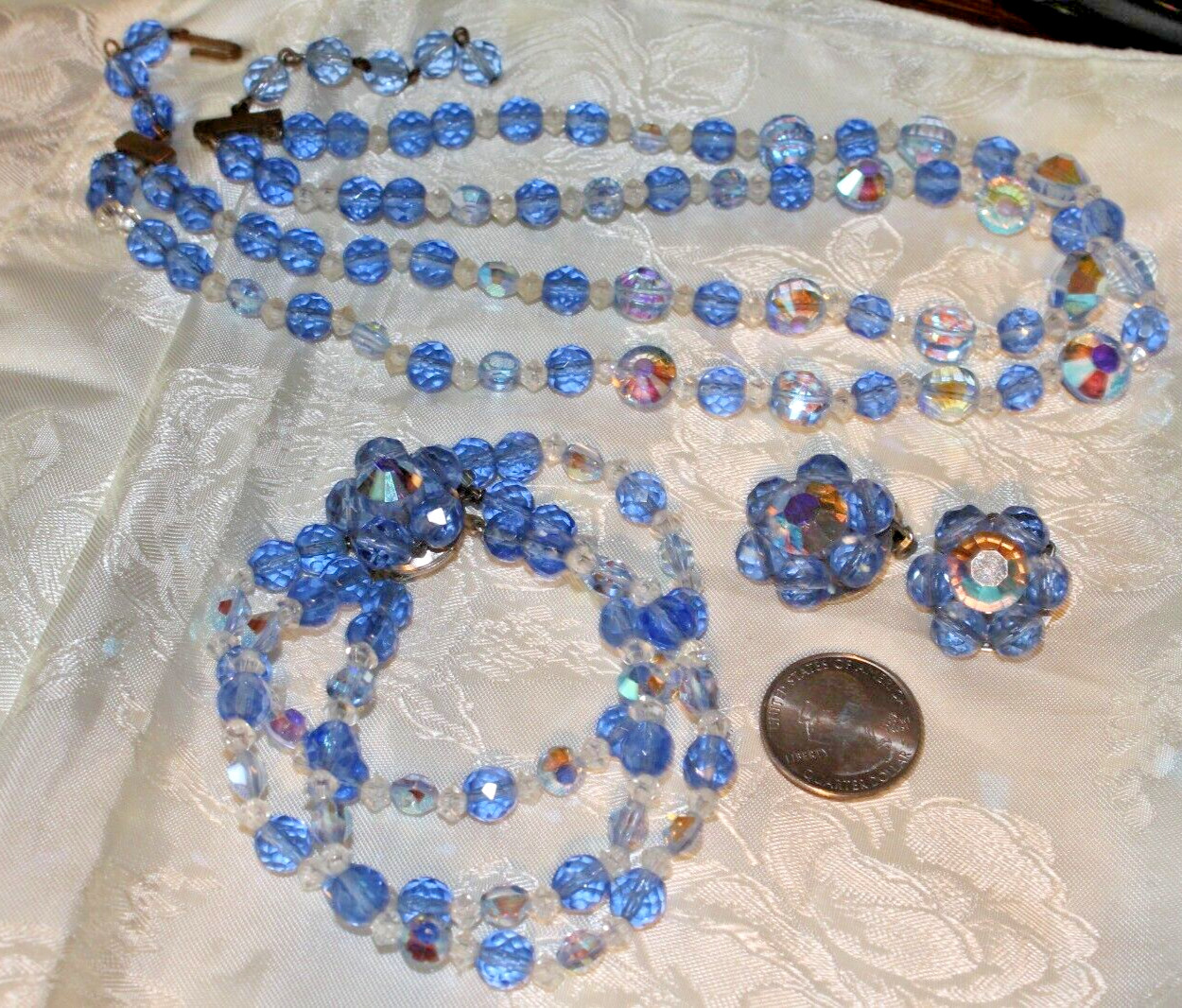 VTG AB BLUE 2 STRAND FACTED GLASS BEAD NECKLACE, BRACLET&CLUSTER CLIPS