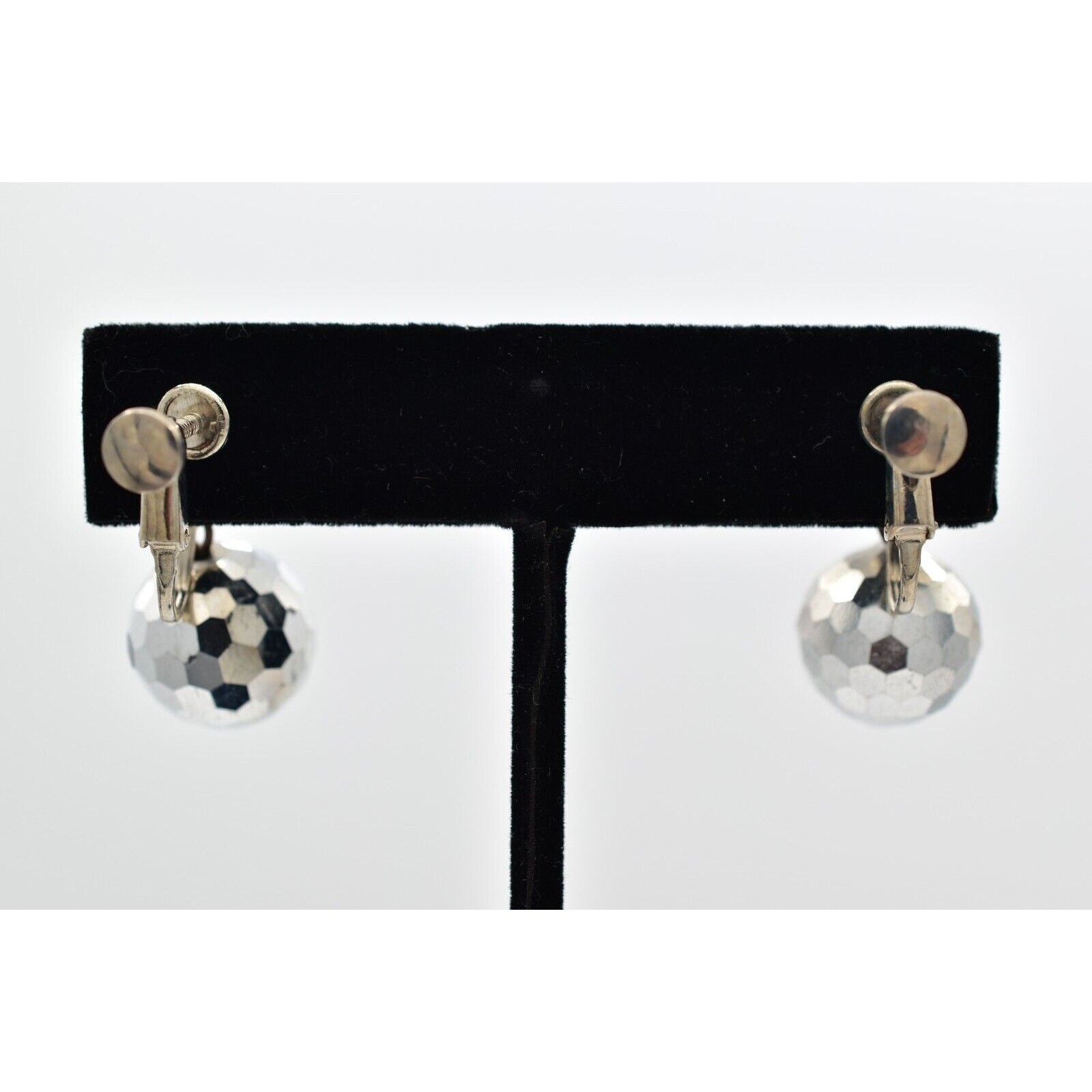 Vintage Crystal Clip On Earrings Silver Dangle Disco Ball Drop Glam 1950s A24