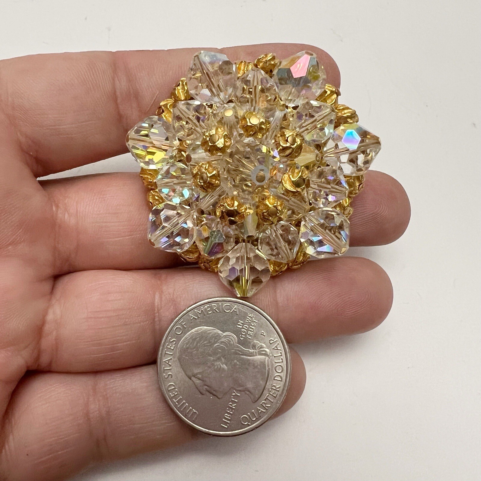 Vintage Clear Faceted AB Crystal Beaded Cluster Round Goldtone Brooch Pin