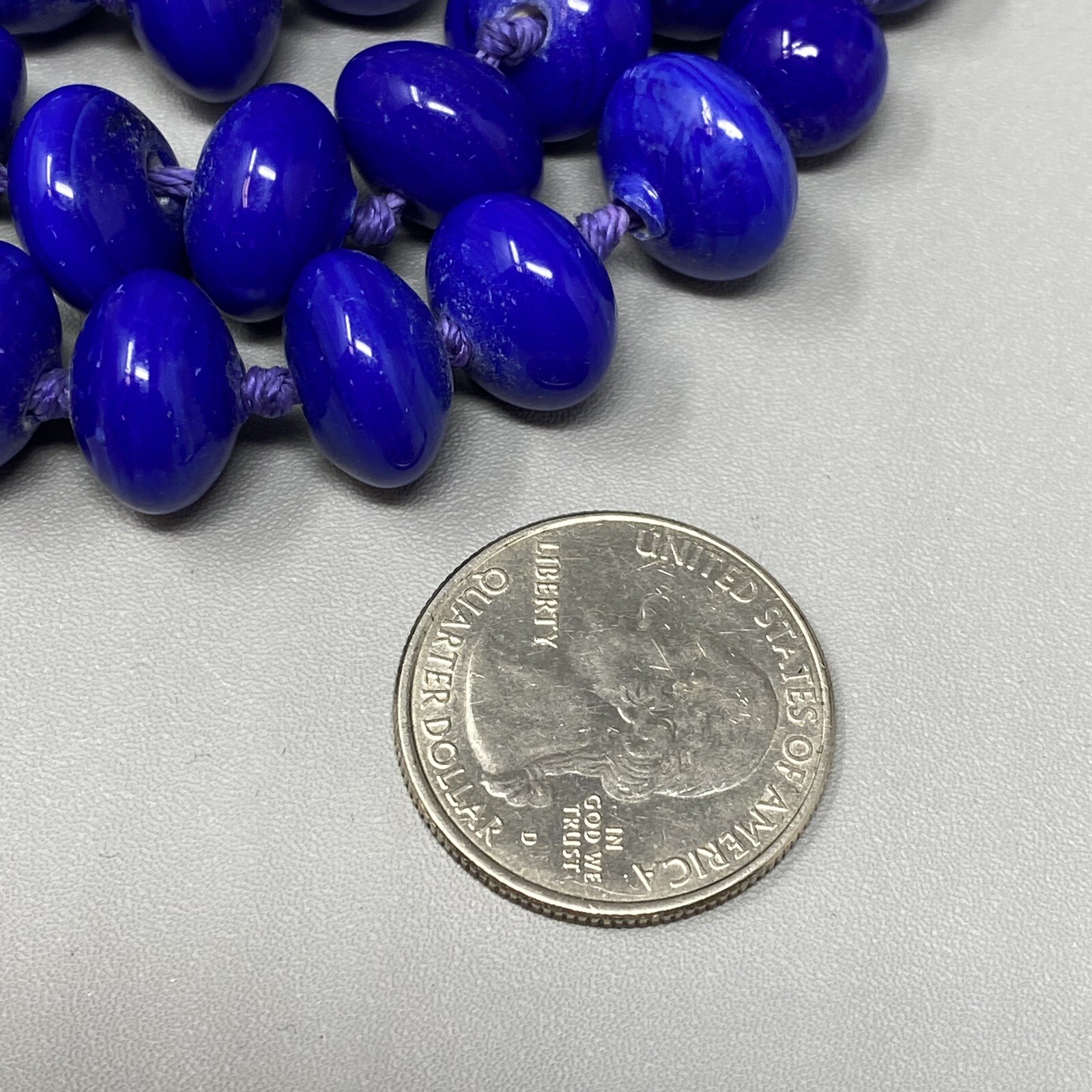 VTG Ceramic Bead Necklace Blue Marble Hand Knot Cord Chain Multi Strand Boho 21″