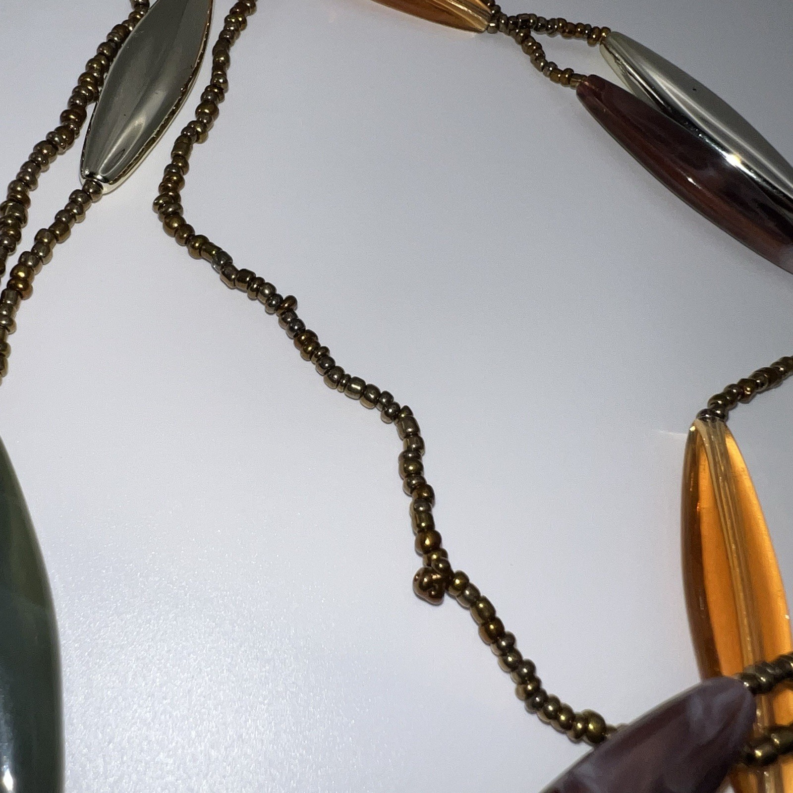 Vintage Plastic & Small Glass Beaded Necklace 32” End to End Beading Warm Colors