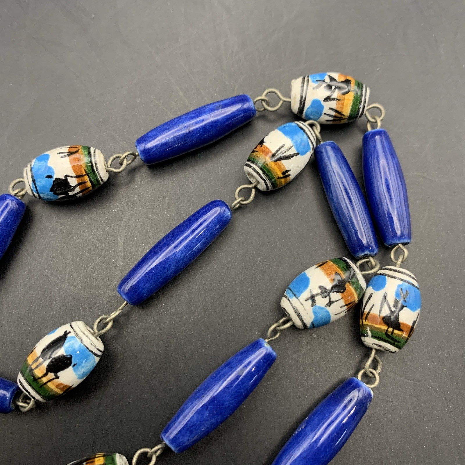 Ceramic Hand Painted Necklace Folk Art Ethnic Peruvian ? Blue Beaded Vintage