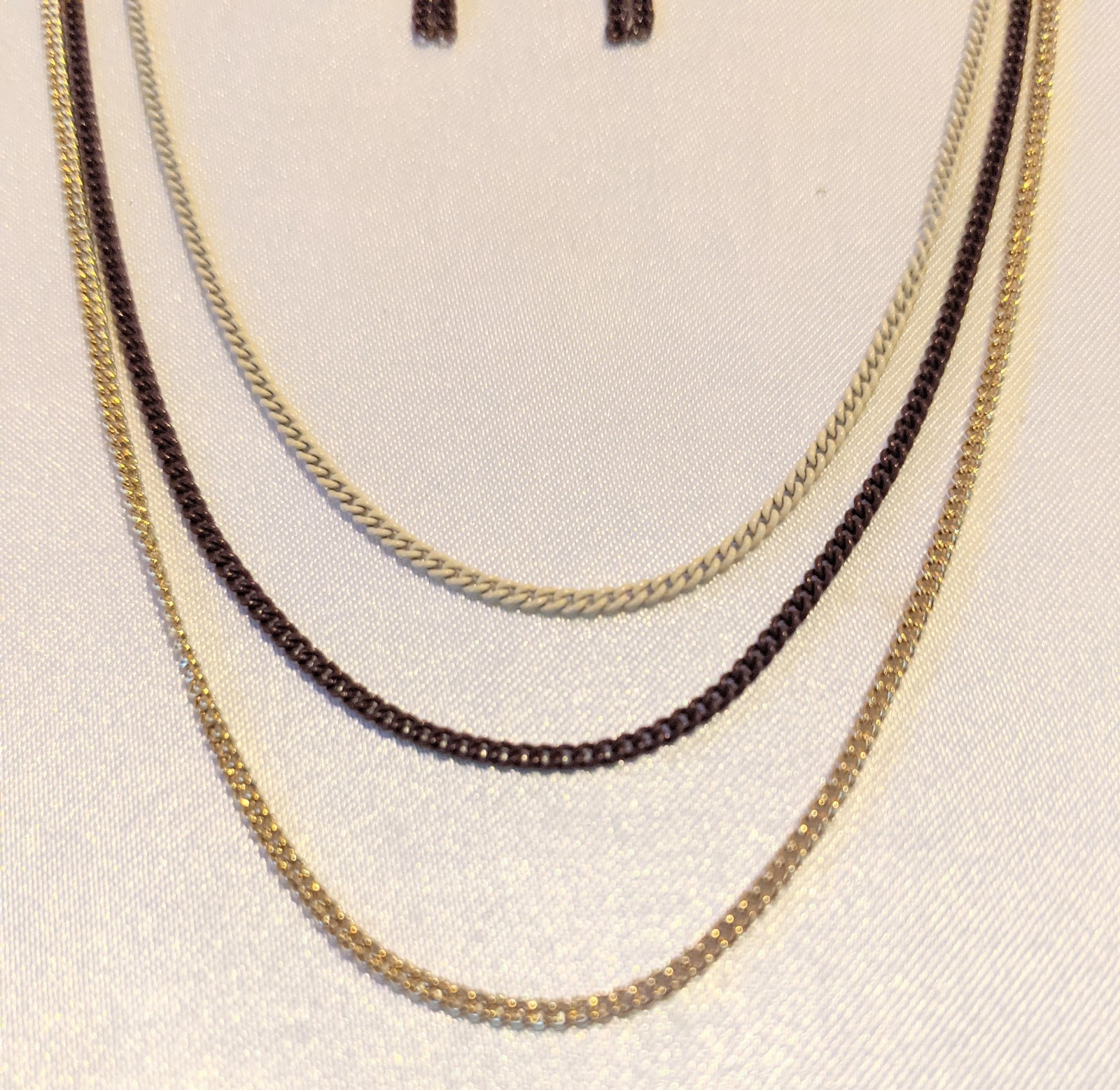 Vintage Tri-tone Chain Necklace & Dangle Earrings Set NOS Brown Ivory Gold Tone