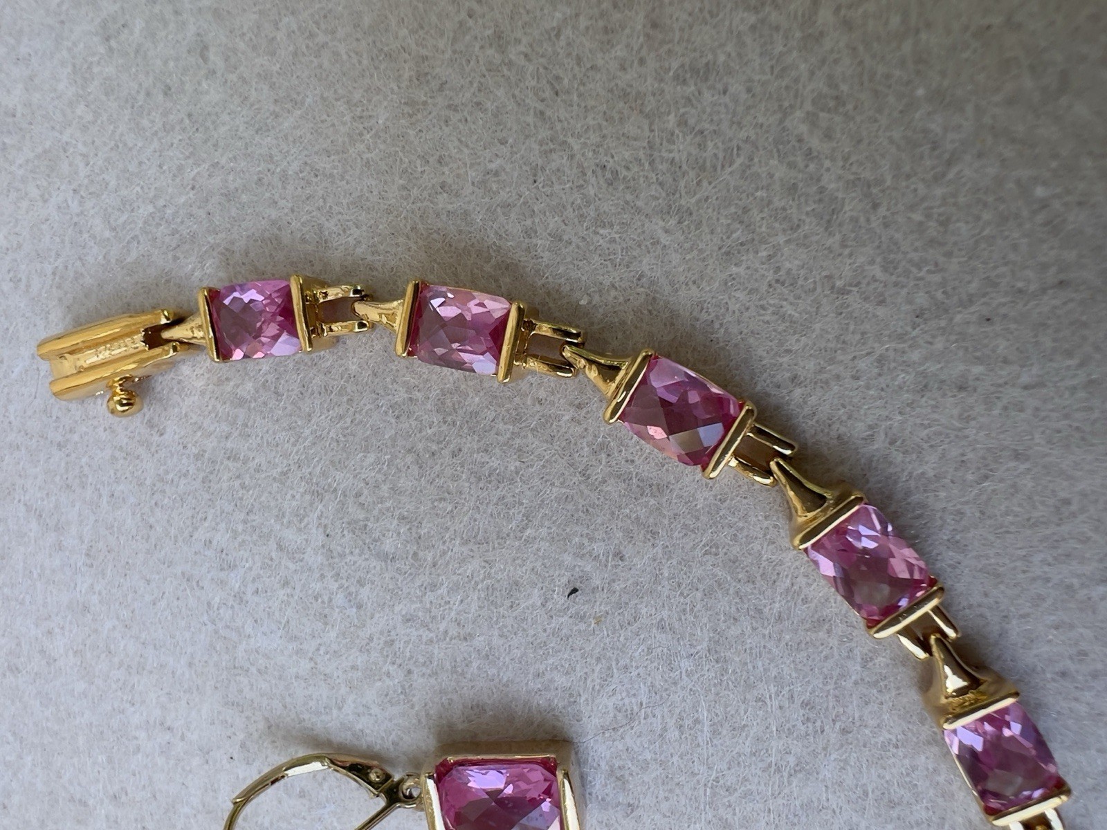 Vintage Sterling Silver Vermeil & Cushion Cut Pink Quartz 7” Bracelet & Earrings