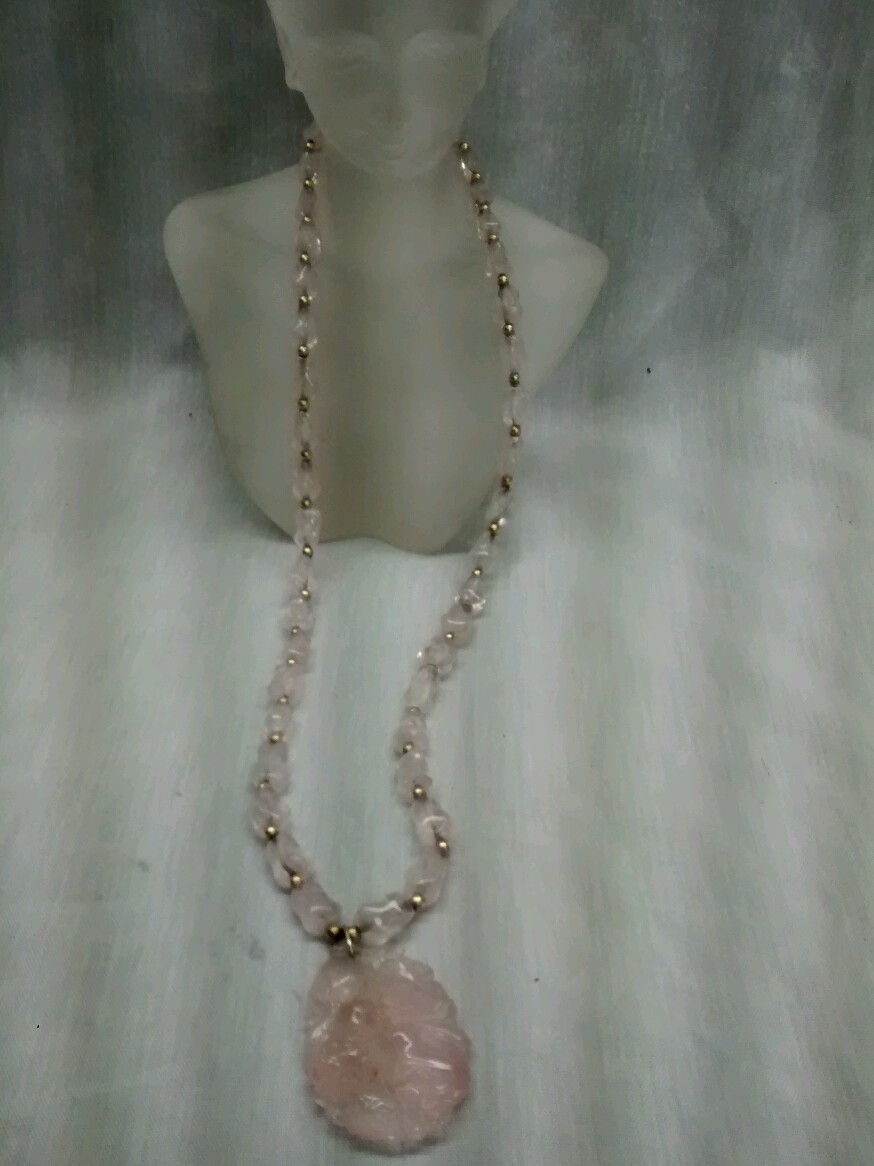 Stunning antique art deco Chinese carved rose quartz 14k gold beads necklace