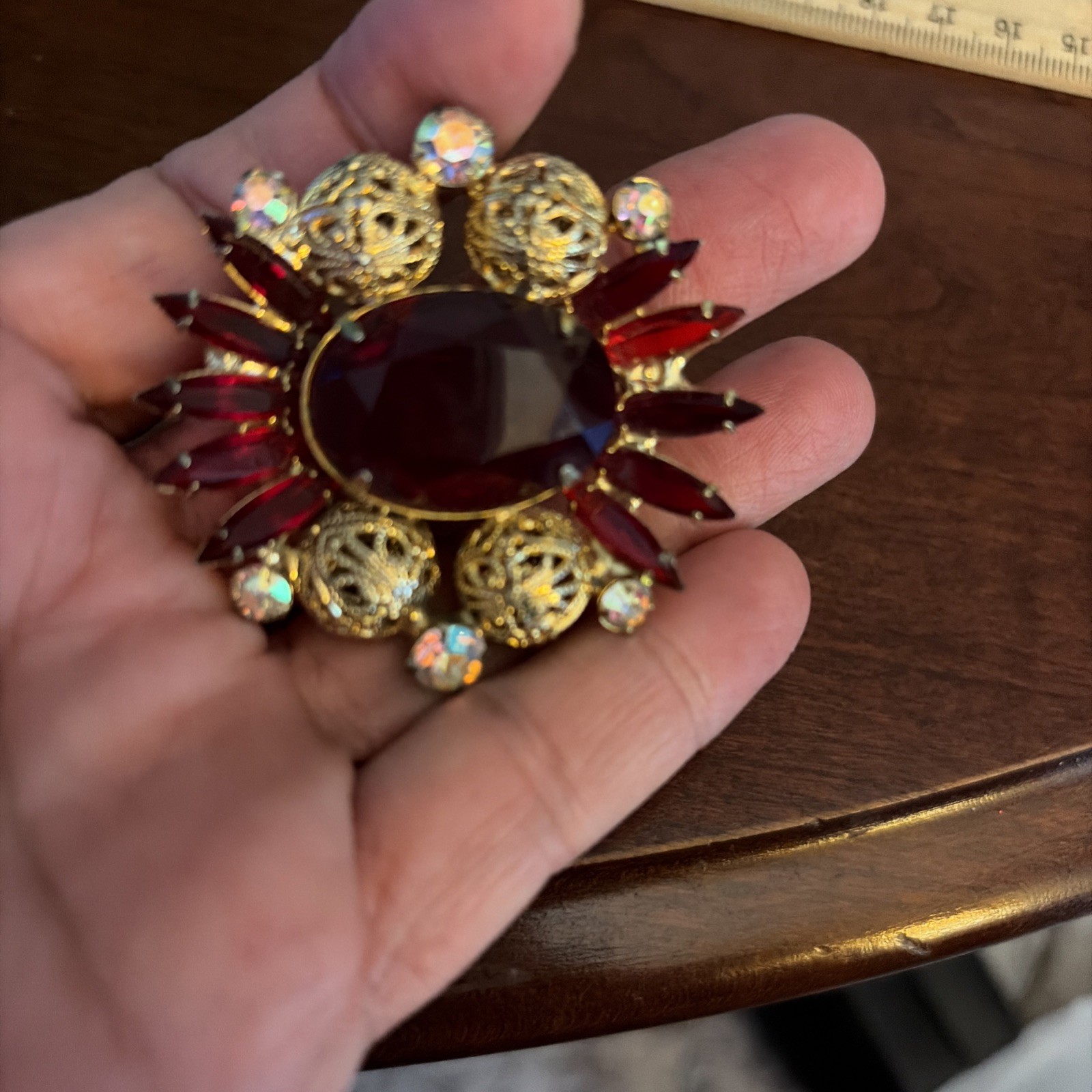 Vintage Juliana (Delizza & Elster) Red and Aurora Borealis Rhinestone Brooch Pin