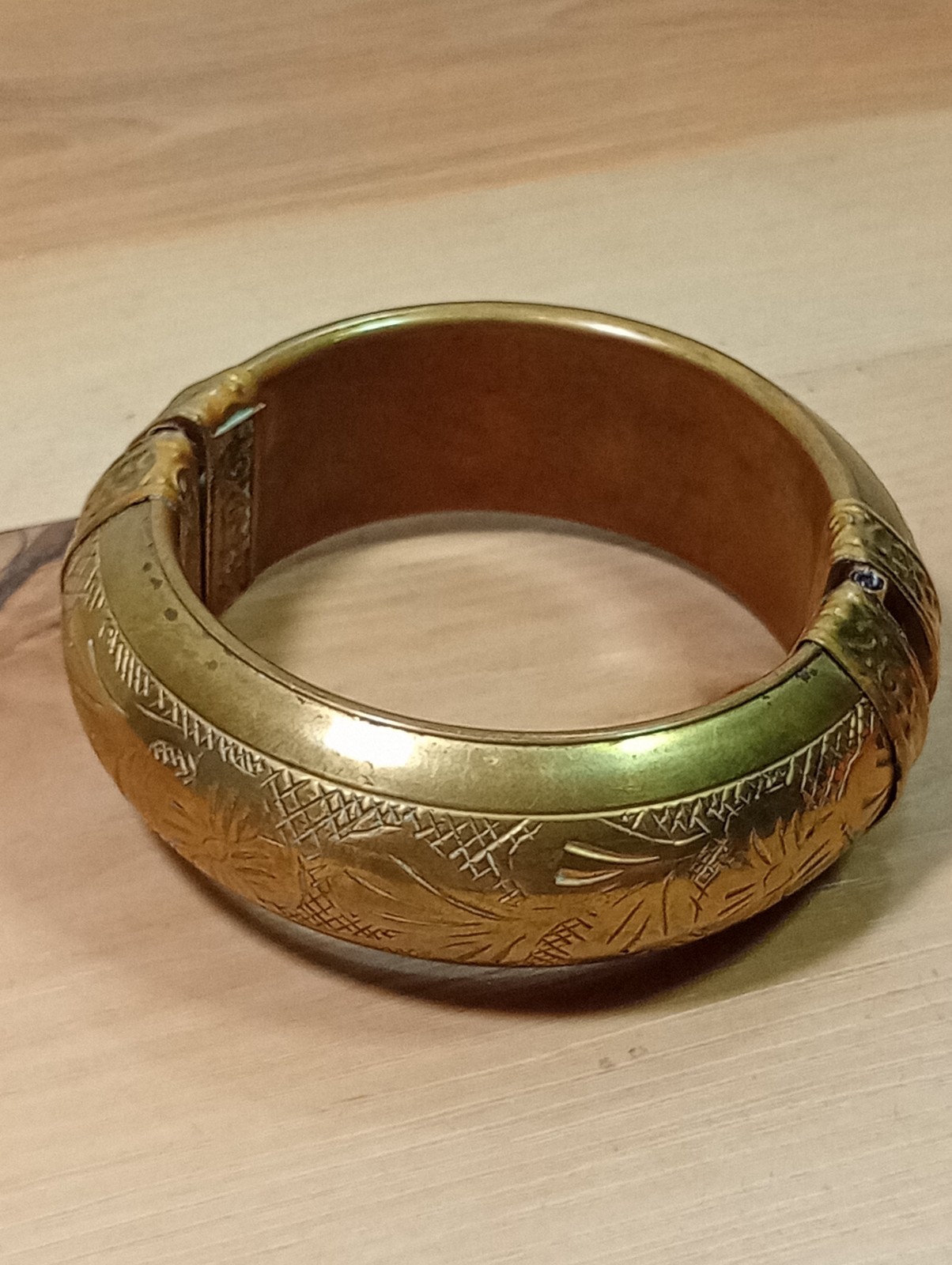 Vintage hinged brass bangle bracelet with etchings/ pin closure Morocco Or India