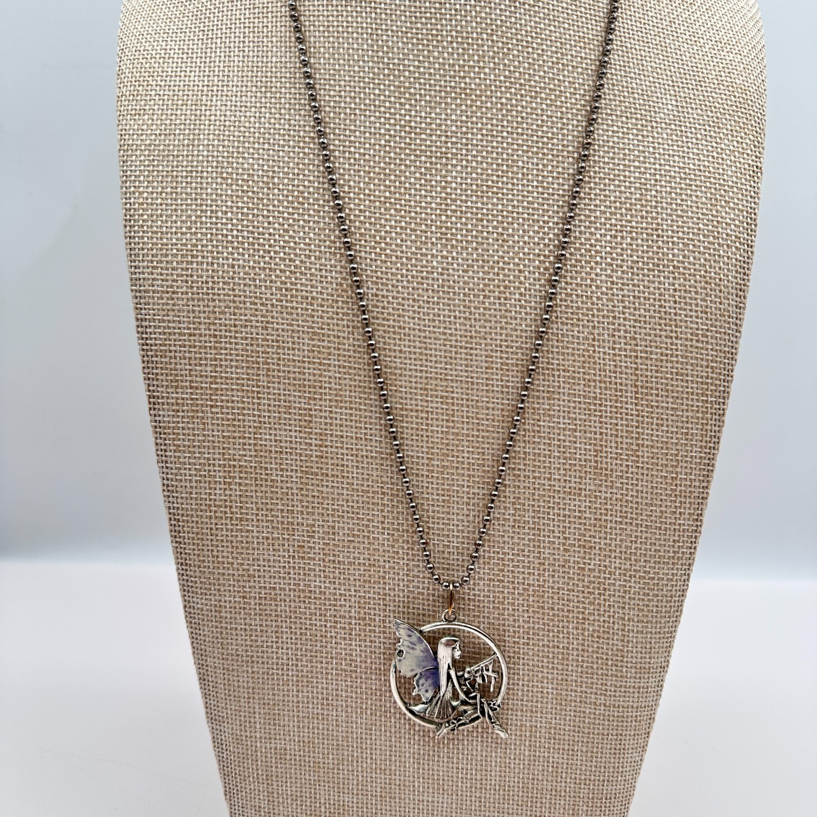Vintage 90s Silver Tone Enamel Fairy Pendant Necklace Ball Chain Boho Jewelry