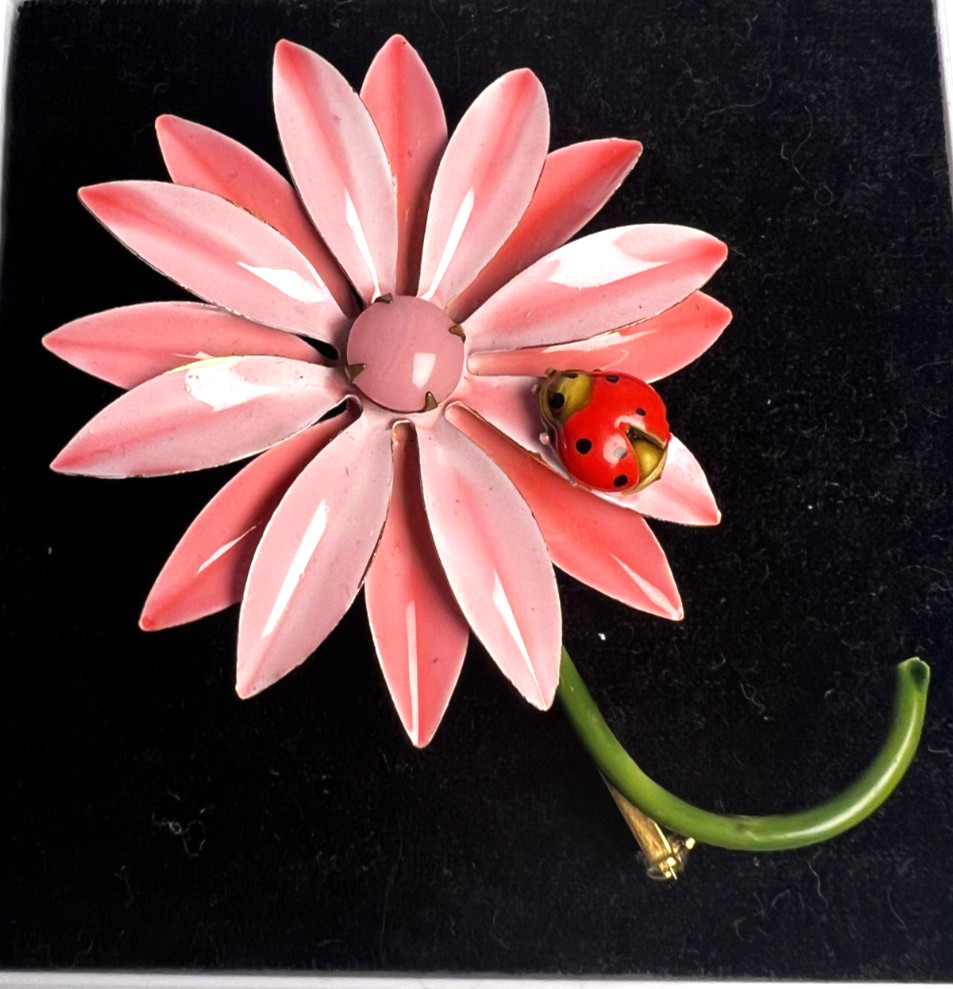 PRECIOUS Original By Robert Pink Daisy Enameled Metal Brooch with Ladybug