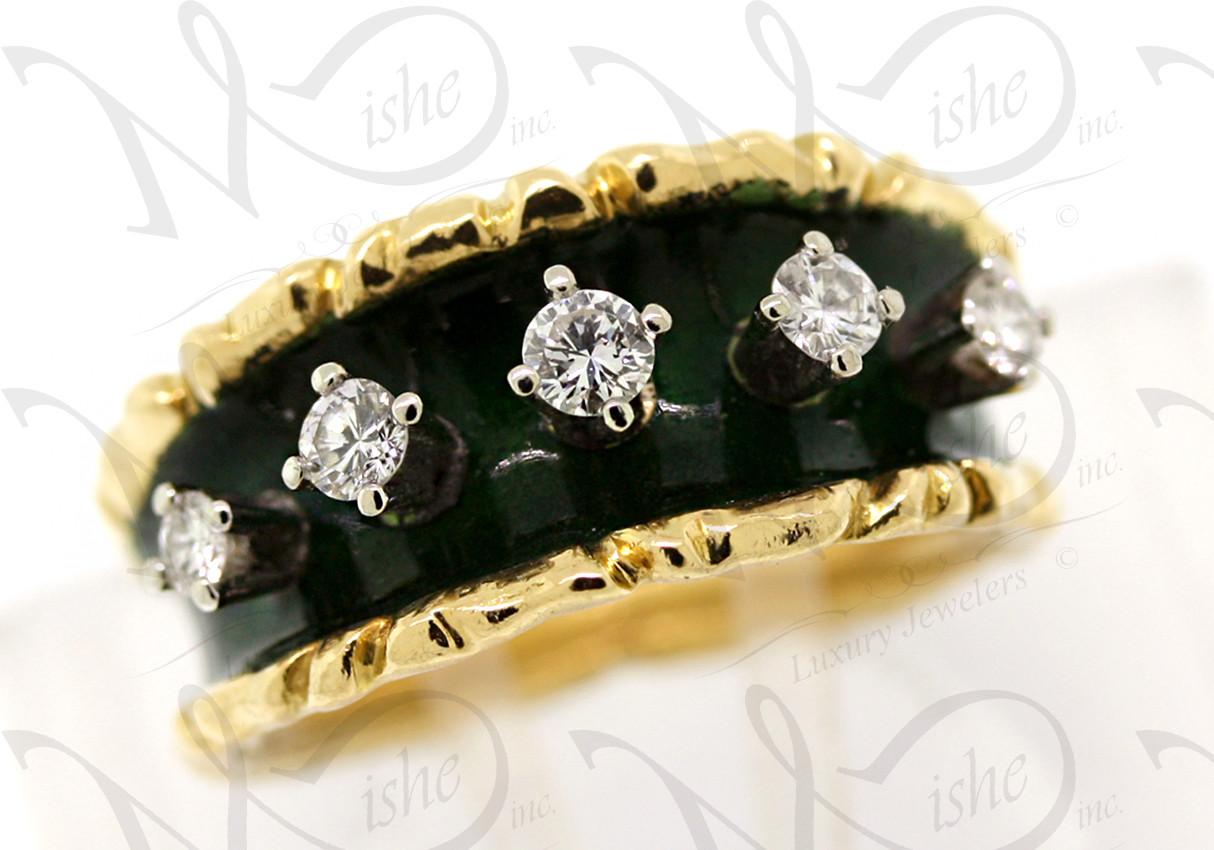 Tiffany & Co 18K Yellow Gold Diamond Green Enamel Ring Size 4.75