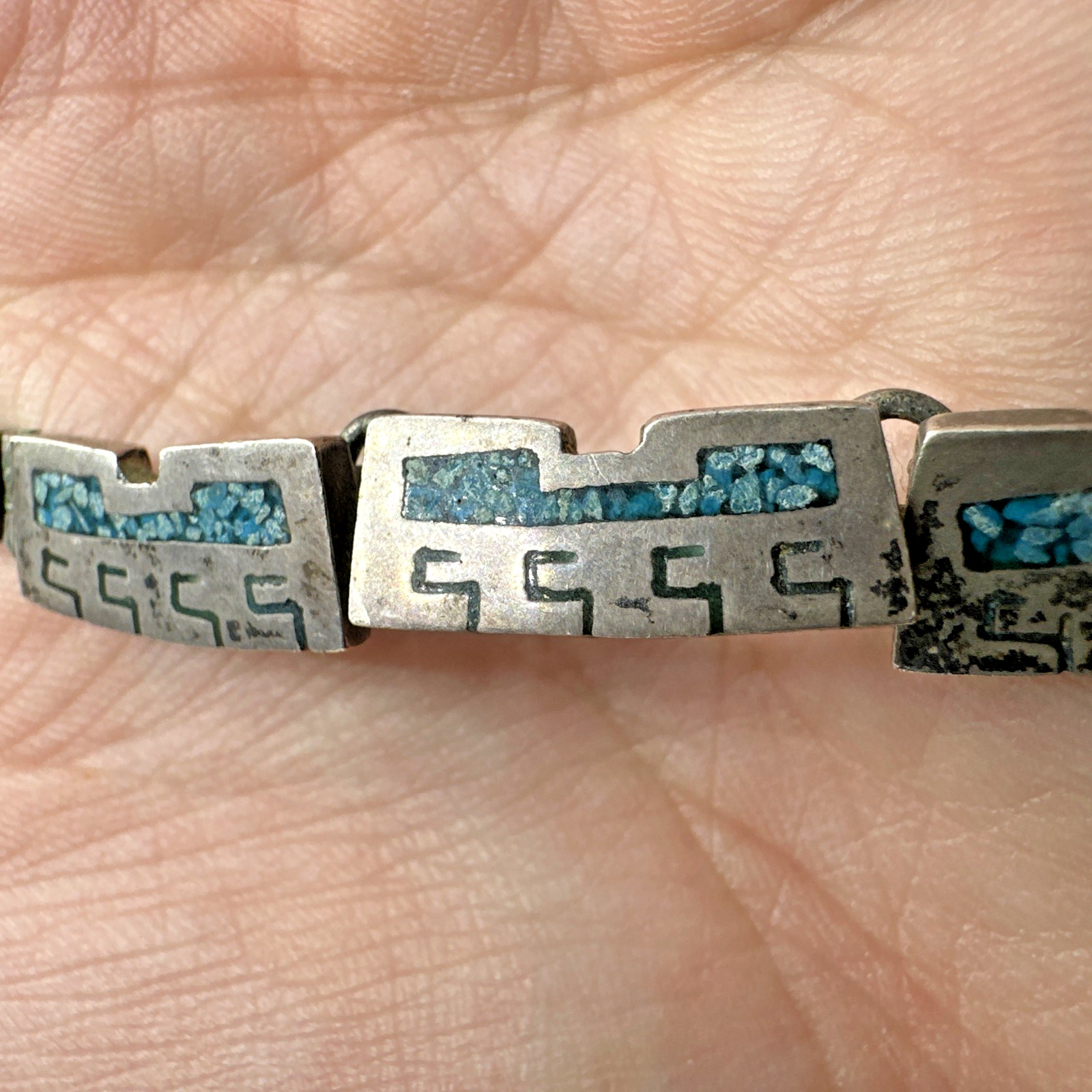 Vtg Taxco Sterling Turquoise Chip Inlay Panel Necklace 16.5″ 91.5g Signed PVB
