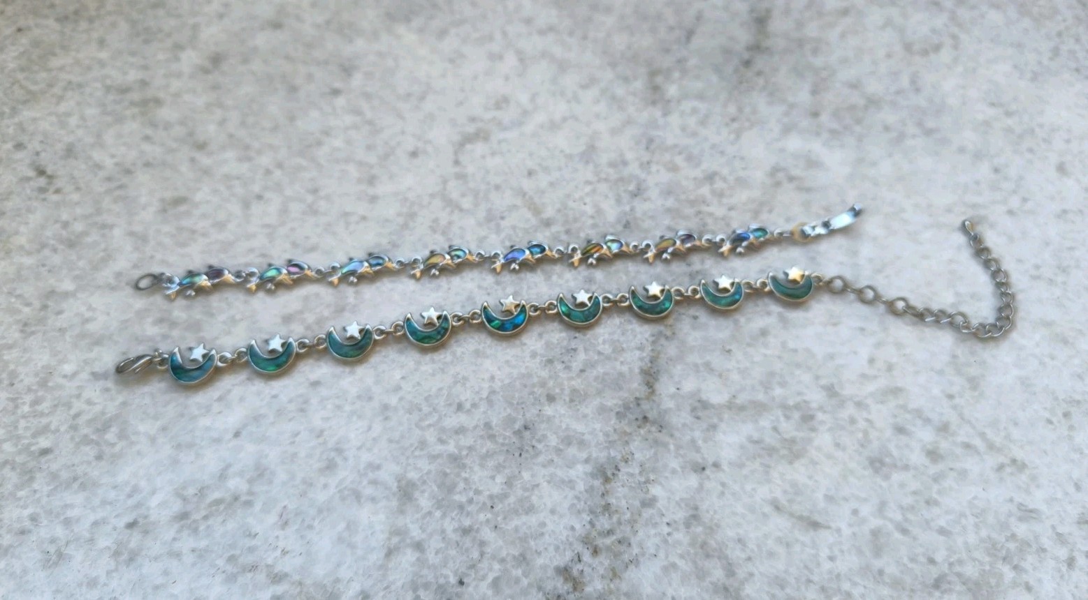 Two vintage cute metal and Abalone shell bracelets