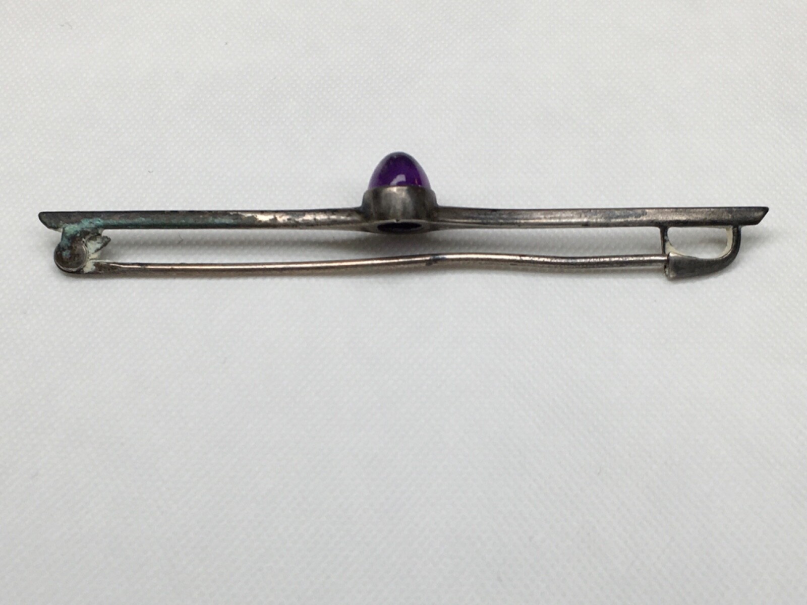 Vintage Brooch Glass OR Natural Purple Stone, 2-3/4″ Long, Unknown Metal.