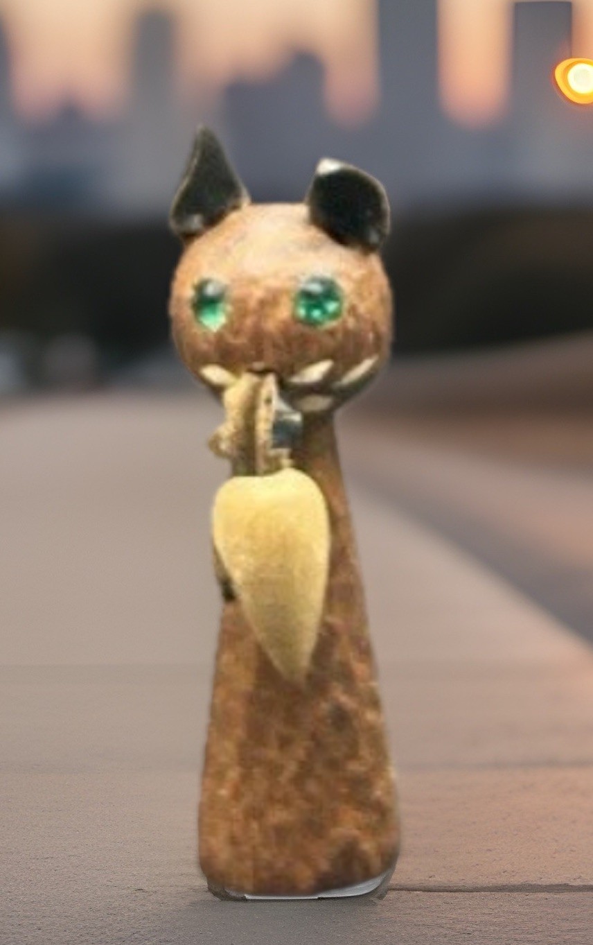 Vintage MCM Wooden Cat & Mouse Pin Green Rhinestone and Leather Accents Denmark