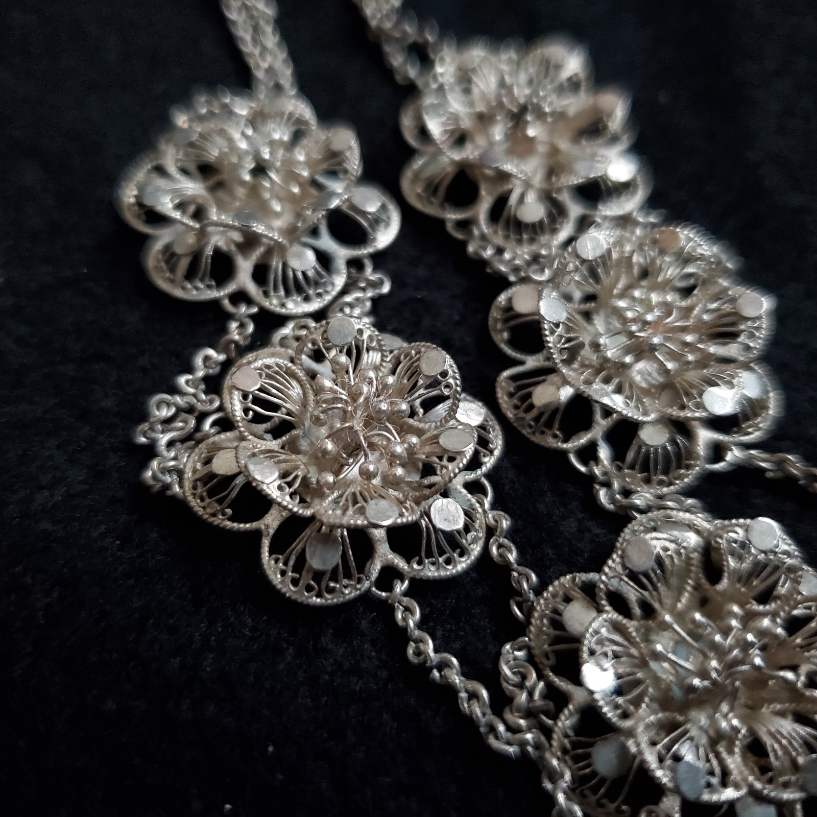 Sterling Silver Cannetille Filigree Necklace Floral Station Swag Choker 15″