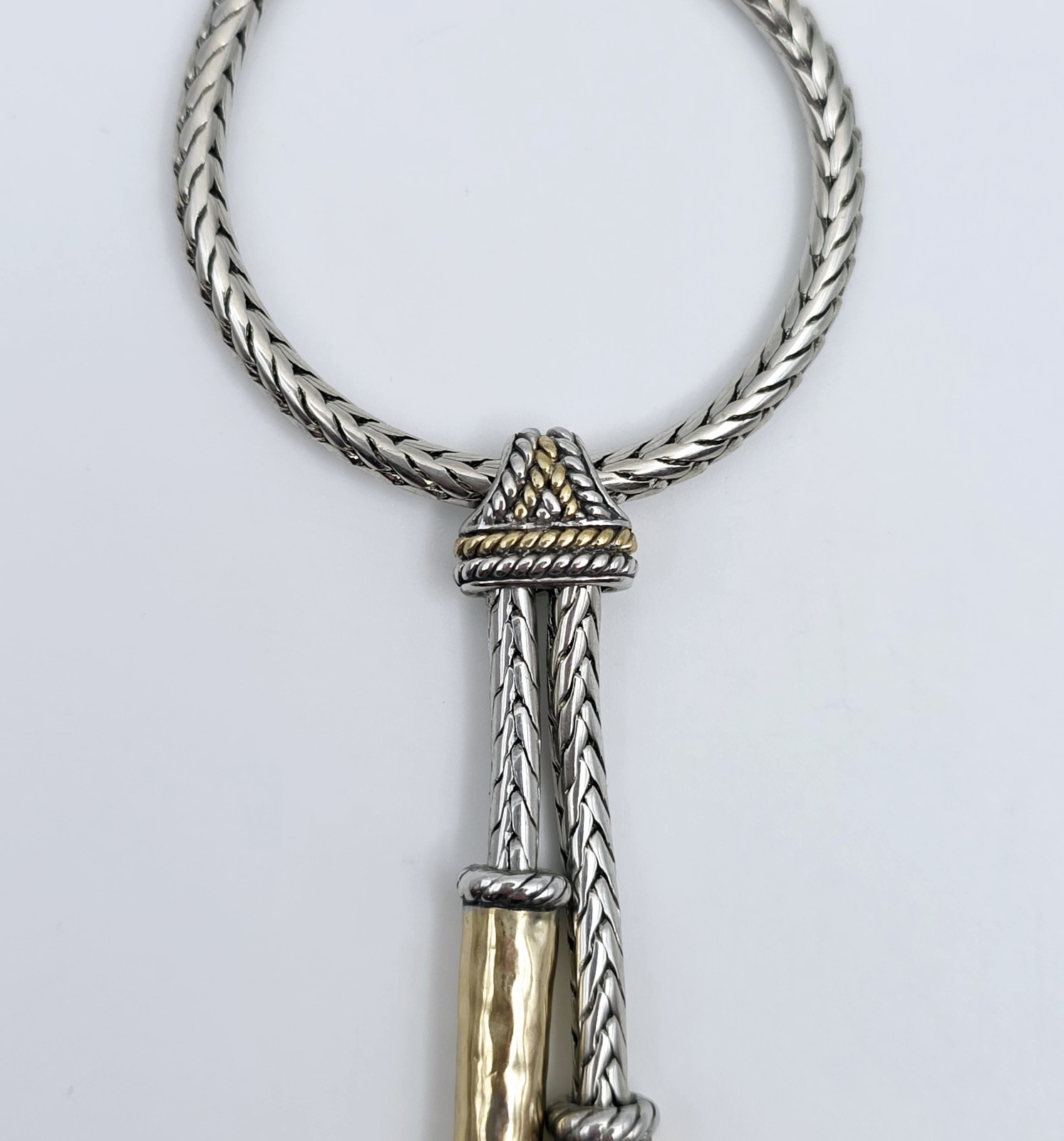 Vintage Two Tone Lariat Tassel Necklace Silver Gold Woven Snake Chain Y Collar