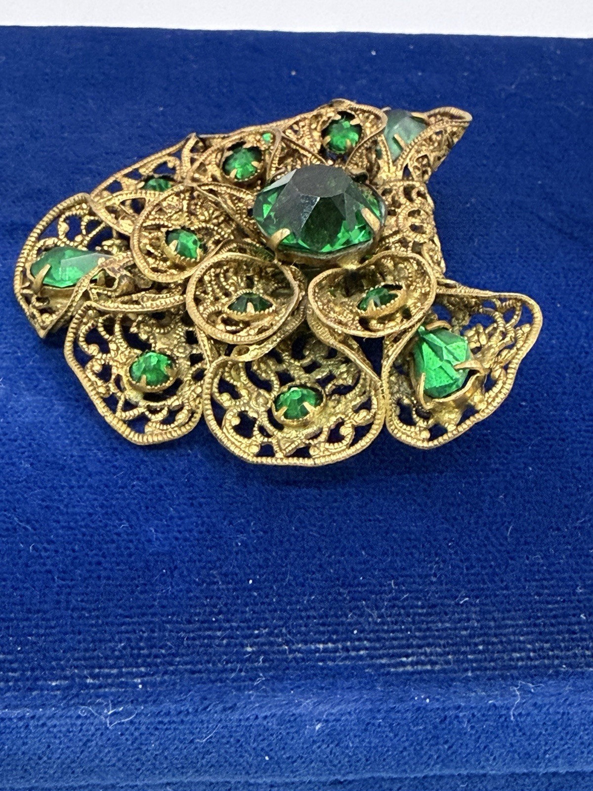 Victorian Czech Gold Tone Filagree Green Stone Dress Clip/ Pin Antique