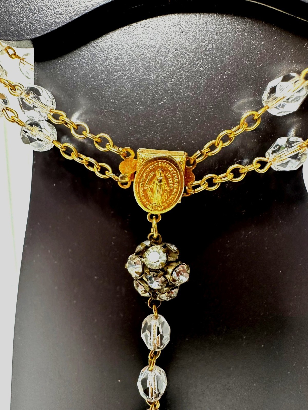 VTG Double Strand Crystal Bead Rosary Bracelet Necklace Cross Pendant Gold Tone