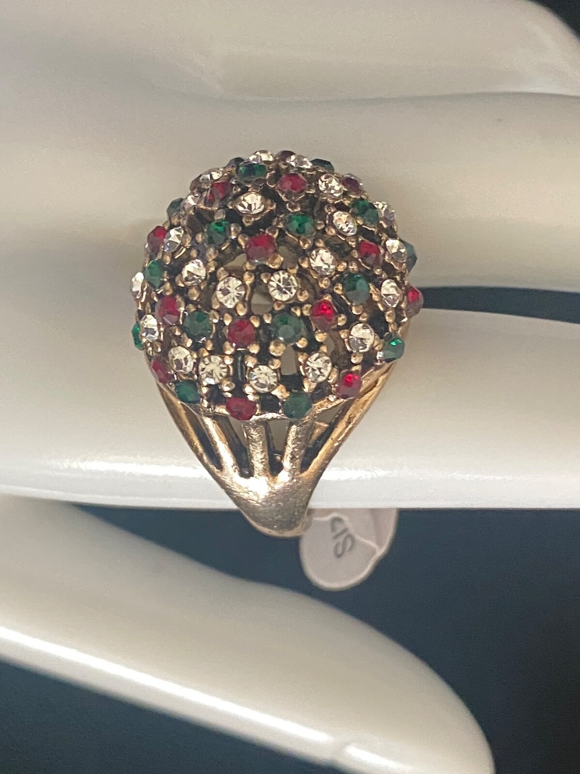 Ring Gold Tone Red Green Rhinestone Large statement Cocktail MCM Sz 9