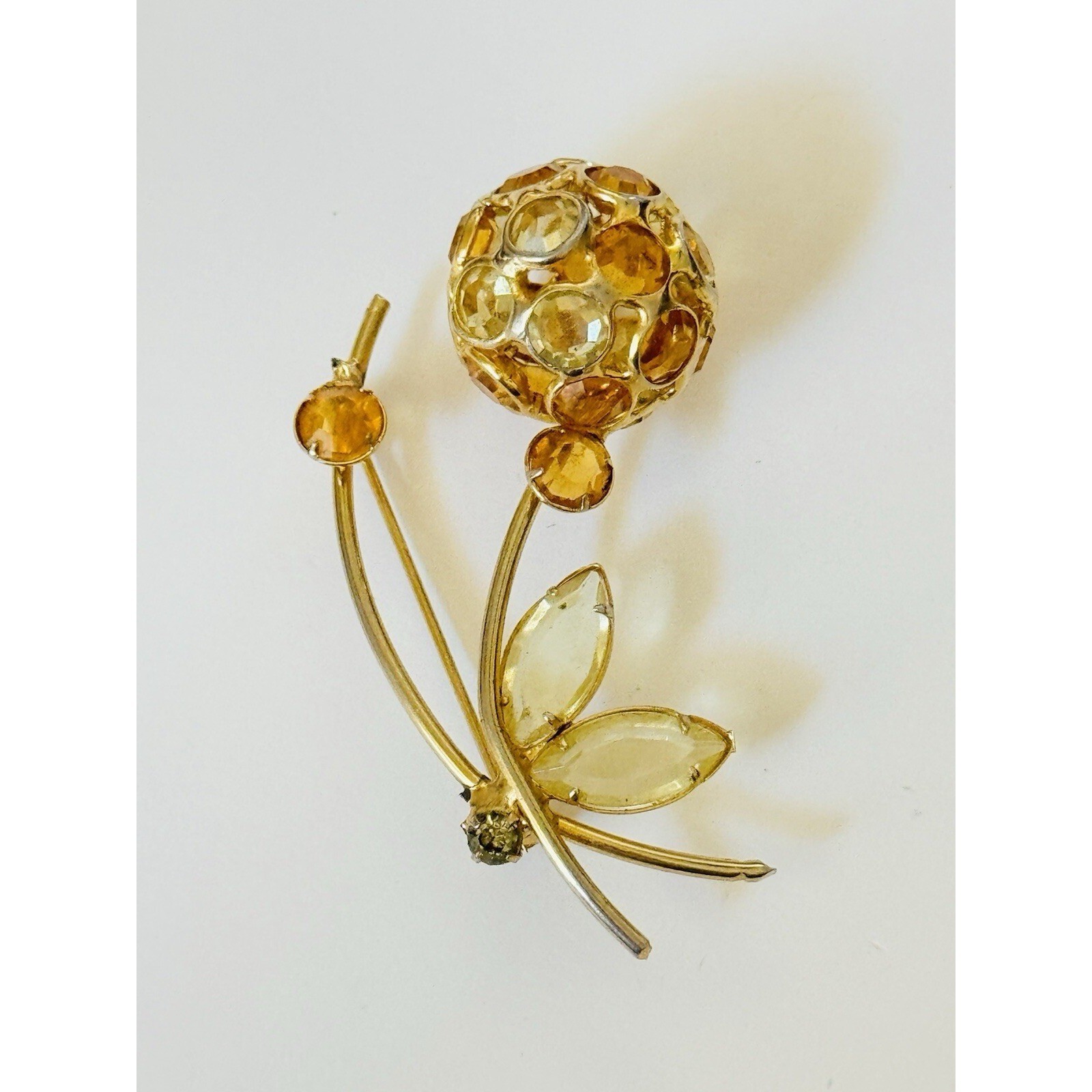 60s Yellow poppy Flower pin Brooch VTG Crystal Bezel Retro Mid Century jeweled
