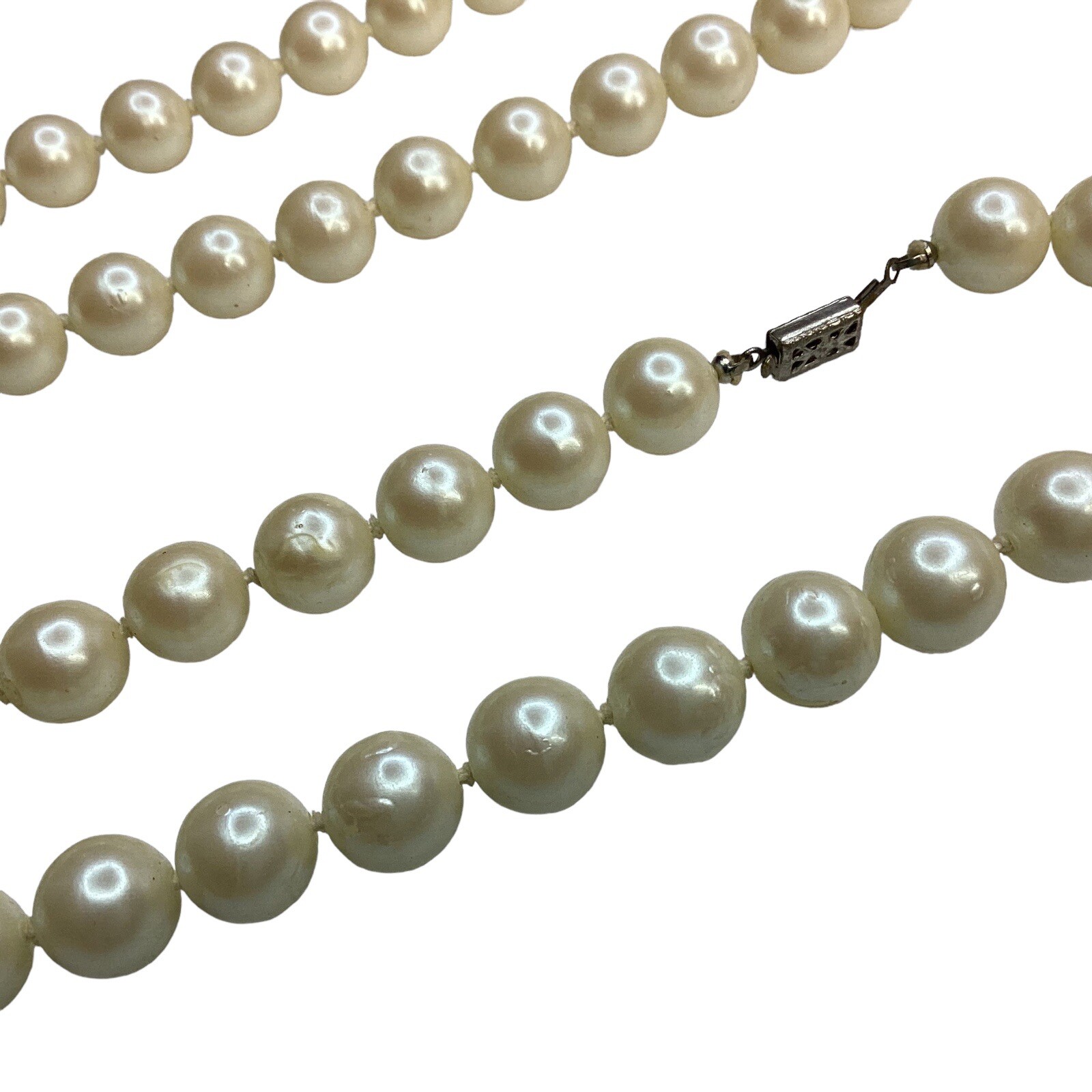 Vtg Classic Hand Knotted Faux 1cm Pearls Long Necklace 50″ Flapper Style