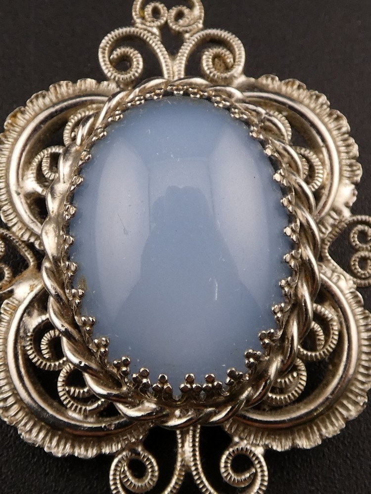 Vintage Glass Faux Moonstone Cabochon Brooch Pin and Clip On Earrings Set