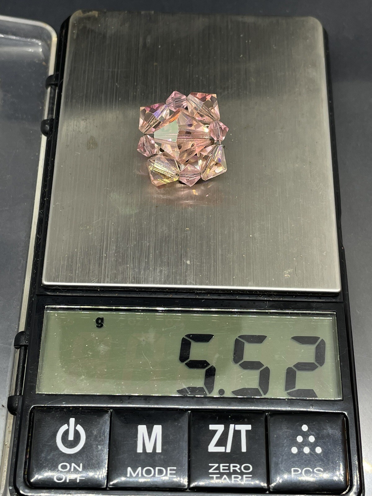 Vintage Pink Aurora Borealis Bicone Beads Cluster 0.75” Square Clip On Earrings