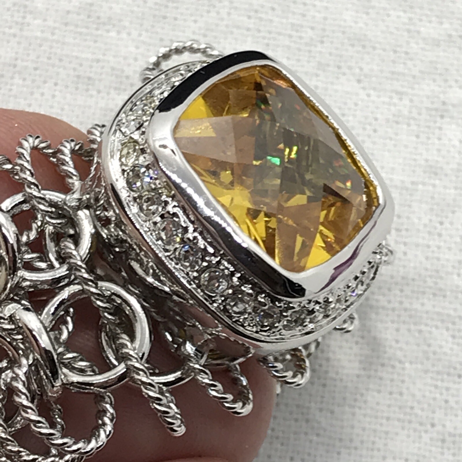 Vintage Silver Choker Chain Lg Citrine Yellow & Clear Cubic Zirconia Necklace