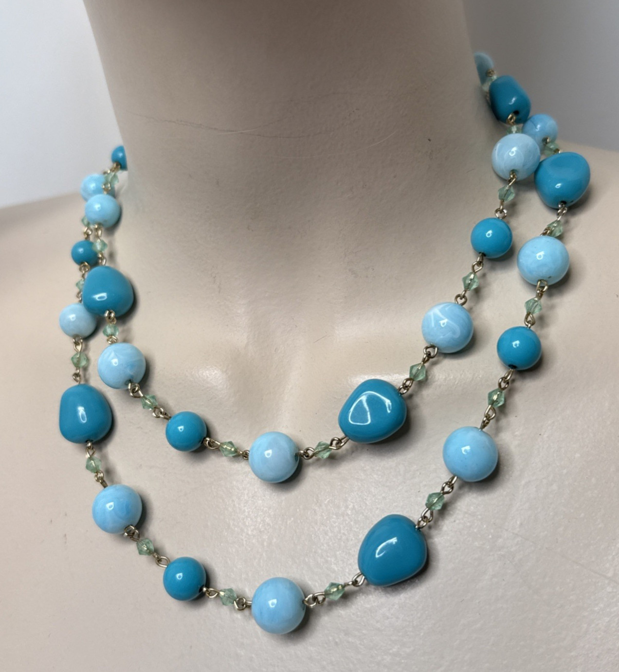 Vintage Blue Tones Bead Necklace Bangle Bracelet Pierced Stud Earrings Set of 3
