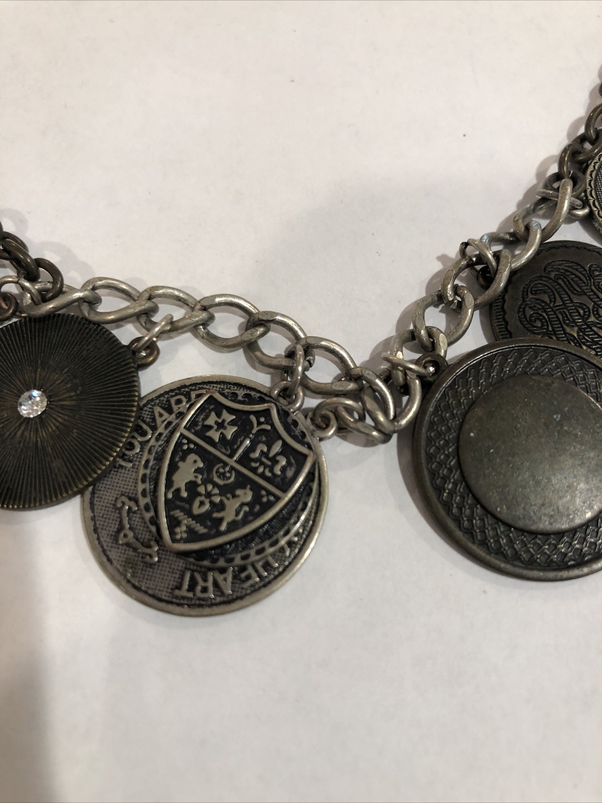 Mixed Metal Coin Chain Link Silver Tone Necklace French Oui Non Signed aeo
