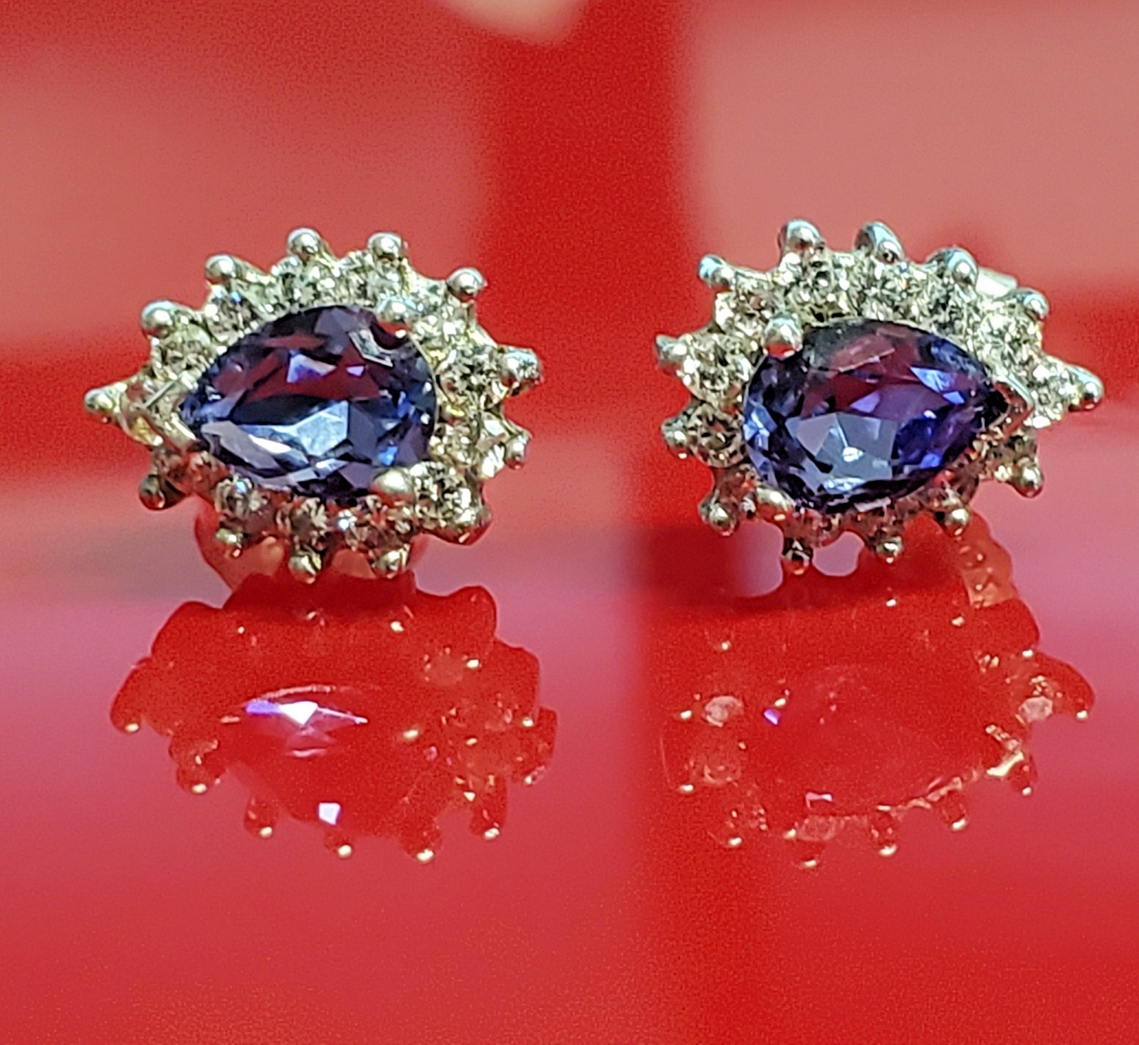 VTG 925 Purple Blue Pear Cut Crystal Stud Earrings Sterling Silver 1g Halo CZ S