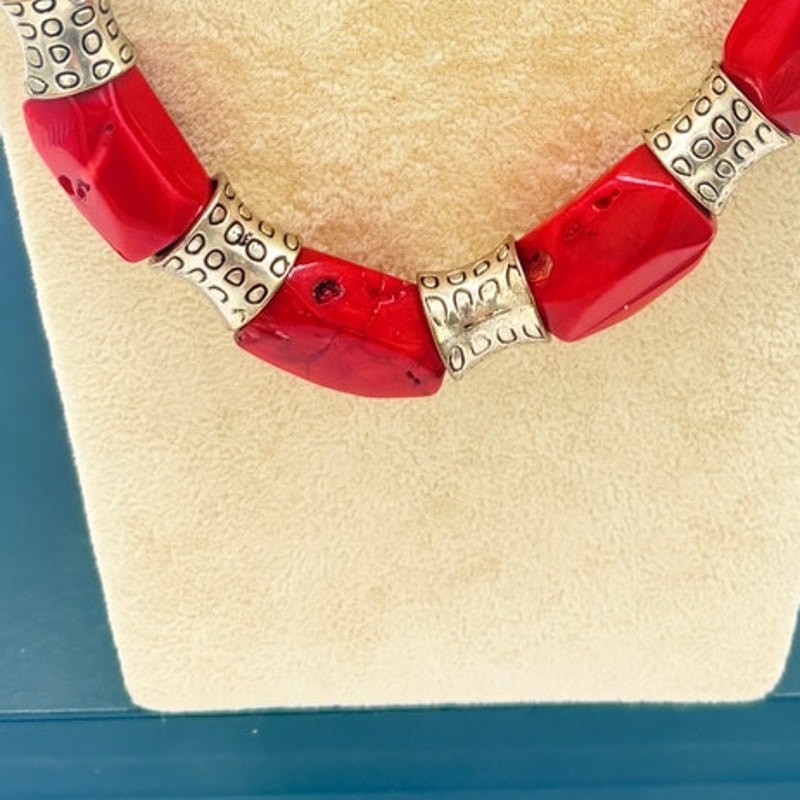 Genuine Coral Nugget Necklace with Silver‑Tone Artisan Spacers