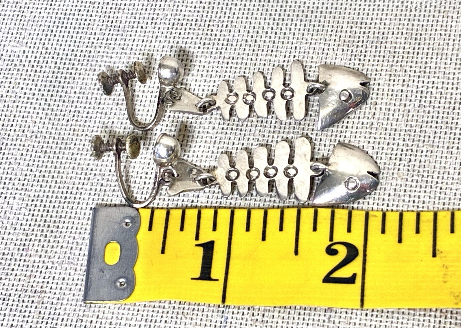 Taxco Silver Fish Dangle Earrings signed IP with Eagle Modernist Screw Back