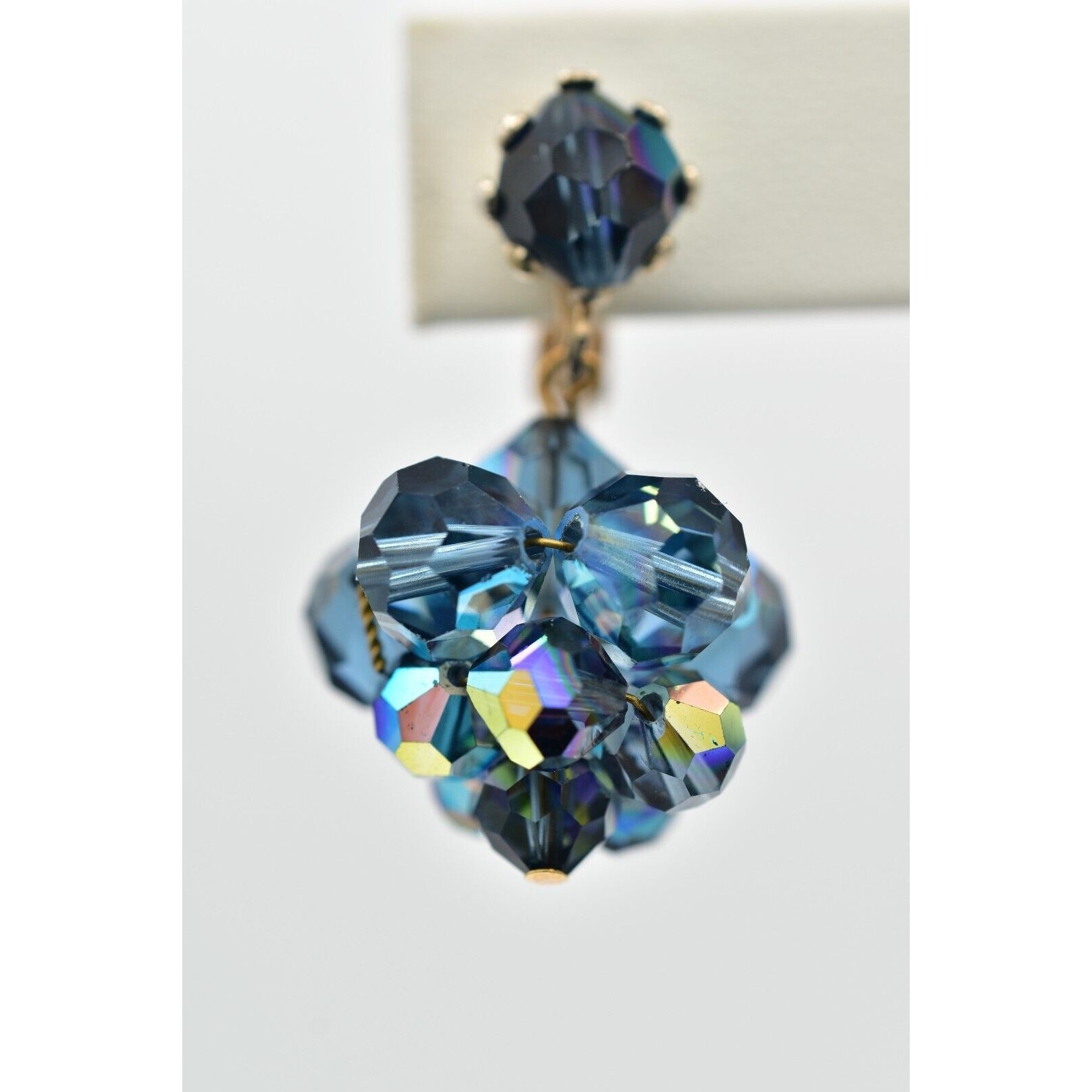 Laguna Vintage Clip On Crystal Earrings Dangle Navy Blue Drop Signed 1950s A24