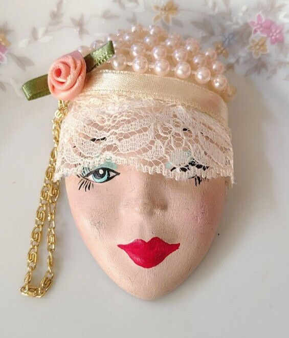 Vtg Retro Porcelain Painted Face Brooch Faux Pearl Peach Rose Lace Hat Red Lips