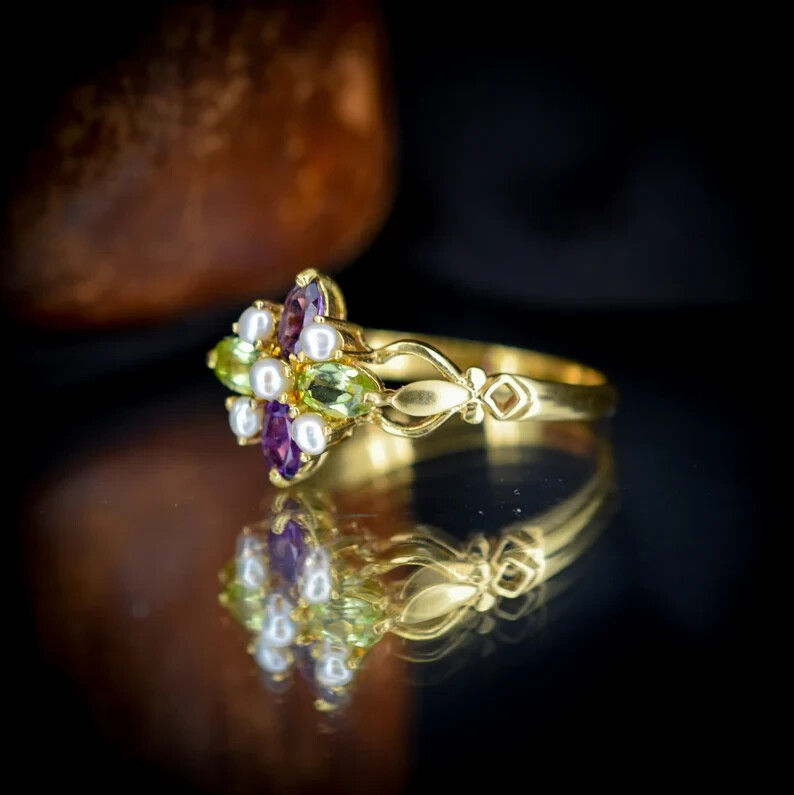 Suffragette Cluster Ring Natural Peridot Amethyst Pearl 14k Yellow Gold Finish