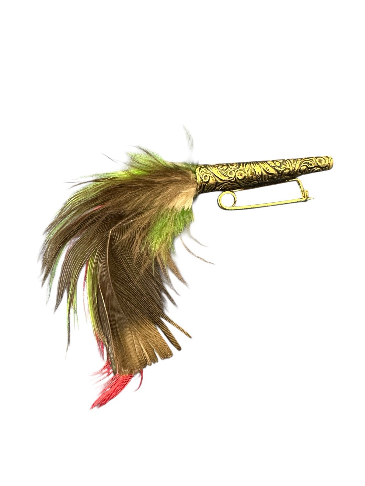 VTG Feather Hat Pin Brooch Green Red Gold Alpine Bavarian Tyrolean Oktoberfest