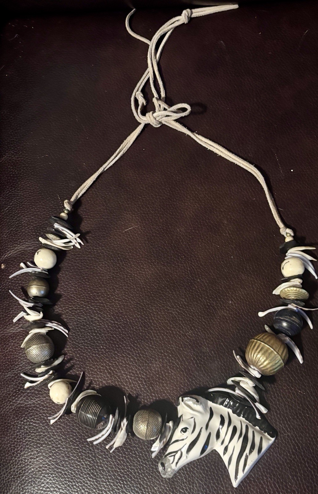 Boho Tribal Zebra Necklace Safari Statement Beaded Suede Cord Adjustable Chunky