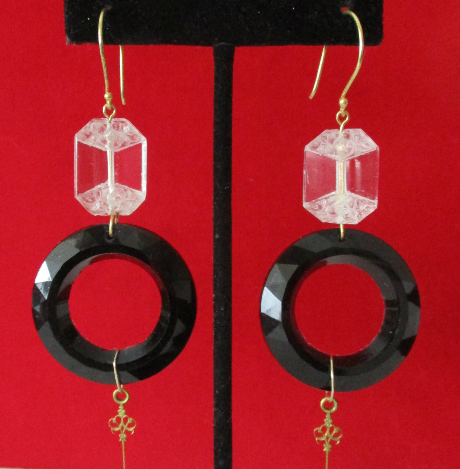 Pair of 3 1/2-Inch Deco Crystal & French Jet Earrings With Brass Trim