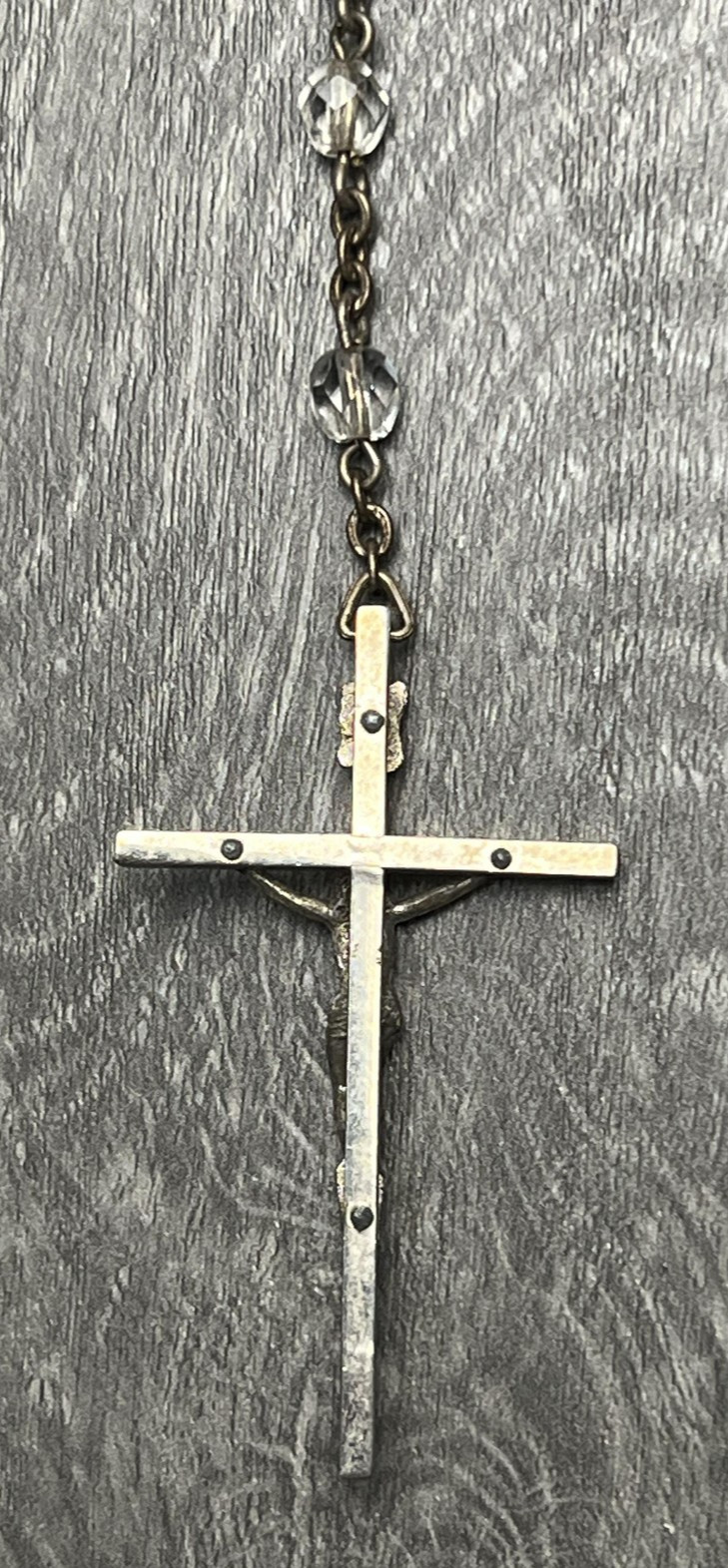 Vintage Catholic Rosary Clear Glass Beads Silver Tone Crucifix Mary Medal