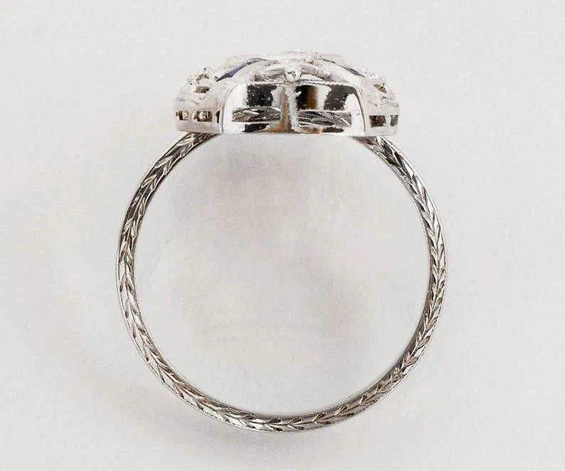 Art Deco Style 1.2Ct Lab Created Diamond Sapphire Wedding Ring 14K White Gold FN